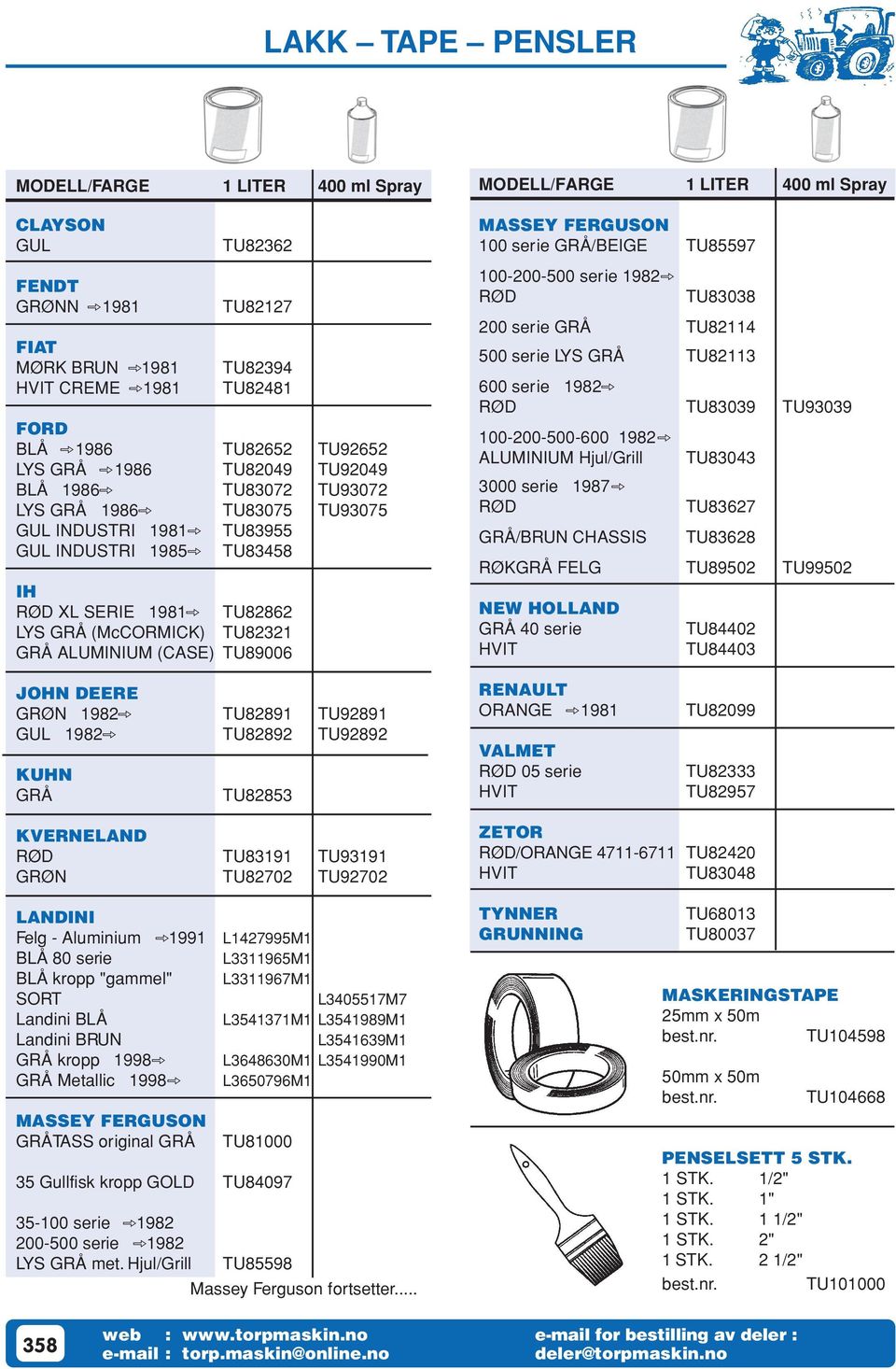 MODELL/FARGE 1 LITER 400 ml Spray MASSEY FERGUSON 100 serie GRÅ/BEIGE TU85597 100-200-500 serie 1982 RØD TU83038 200 serie GRÅ TU82114 500 serie LYS GRÅ TU82113 600 serie 1982 RØD TU83039 TU93039