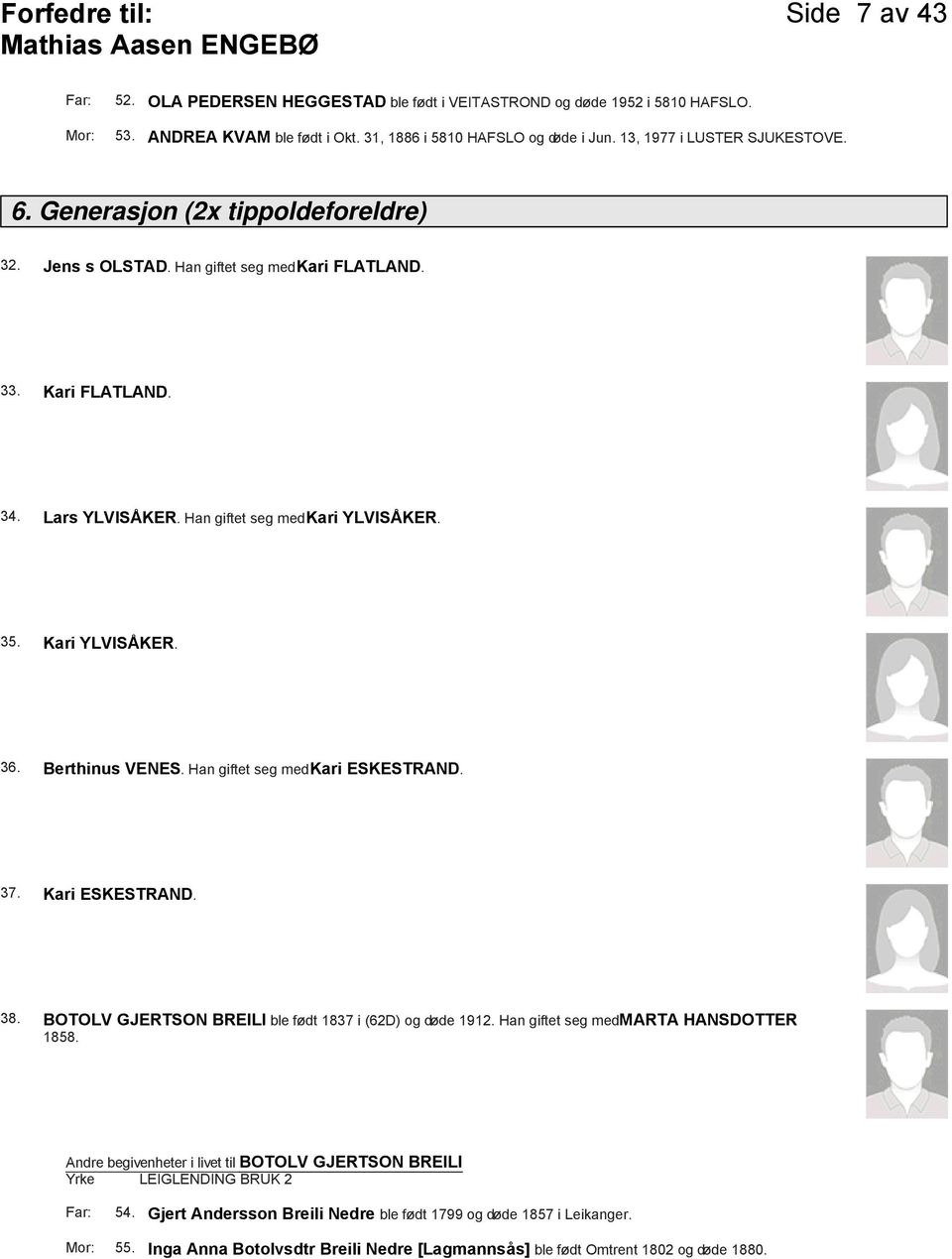 Kari YLVISÅKER. 36. Berthinus VENES. Han giftet seg med Kari ESKESTRAND. 37. Kari ESKESTRAND. 38. BOTOLV GJERTSON BREILI ble født 1837 i (62D) og døde 1912. Han giftet seg med MARTA HANSDOTTER 1858.