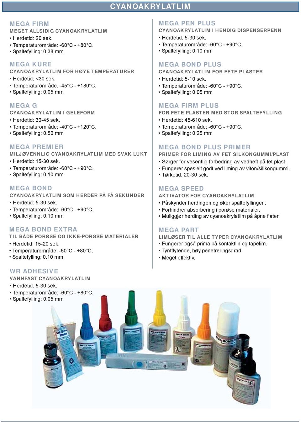 Temperaturområde: -60 C - +90 C. Spaltefylling: 0.10 mm MEGA BOND CYANOAKRYLATLIM SOM HERDER PÅ FÅ SEKUNDER Herdetid: 5-30 sek. Temperaturområde: -60 C - +90 C. Spaltefylling: 0.10 mm MEGA BOND EXTRA TIL BÅDE PORØSE OG IKKE-PORØSE MATERIALER Herdetid: 15-20 sek.