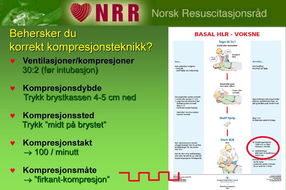 Kompresjonsdybde Trykk brystkassen 4-5 cm ned