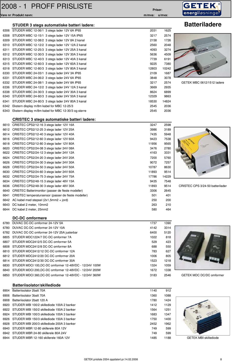 12V 30A 3 kanal 5636 4509 6313 STUDER MBC 12-40/3 3 stegs lader 12V 40A 3 kanal 7739 6191 6315 STUDER MBC 12-60/3 3 stegs lader 12V 60A 3 kanal 9225 7380 6318 STUDER MBC 12-80/3 3 stegs lader 12V 80A