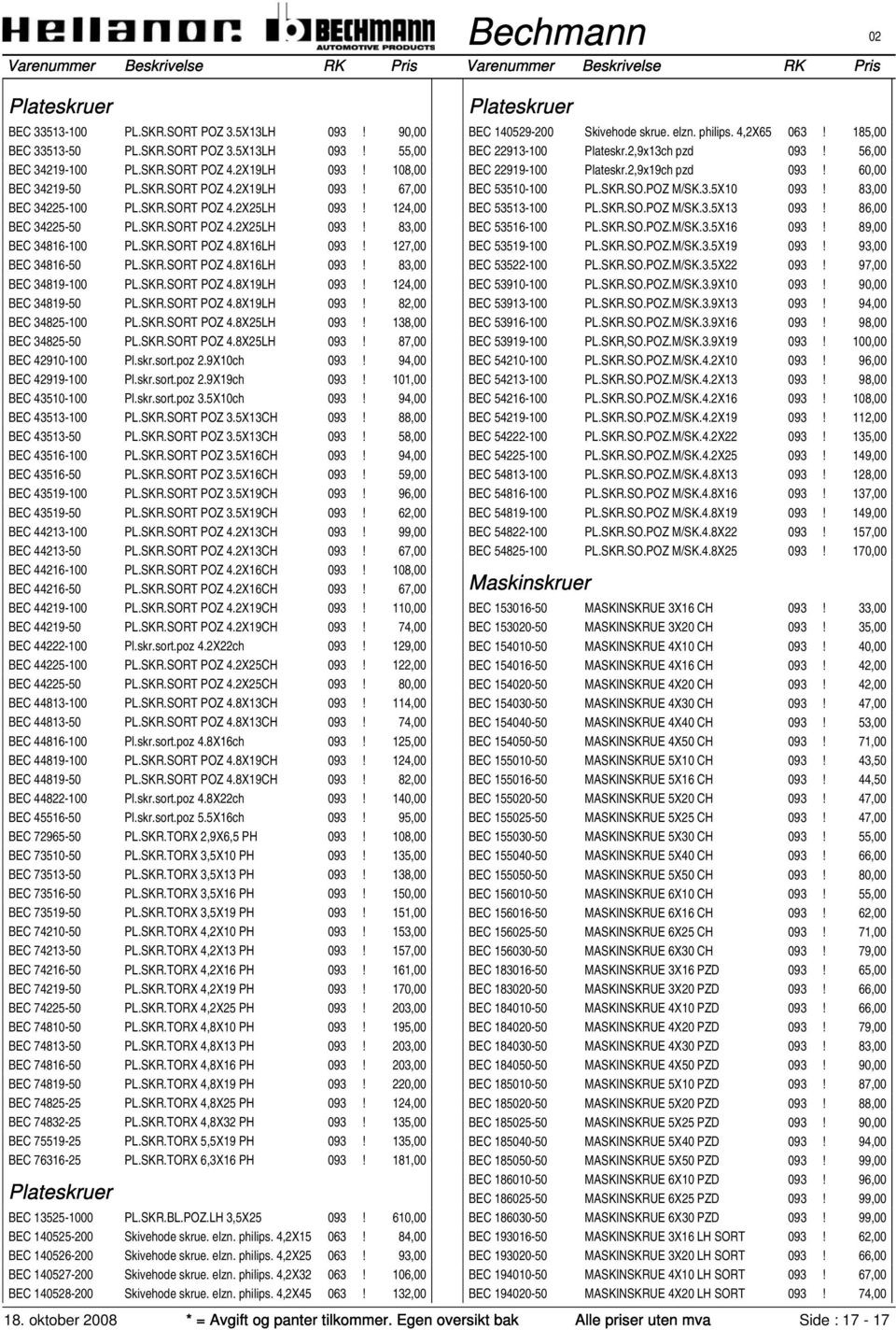 SKR.SORT POZ 4.8X19LH 093! 124,00 BEC 34819-50 PL.SKR.SORT POZ 4.8X19LH 093! 82,00 BEC 34825-100 PL.SKR.SORT POZ 4.8X25LH 093! 138,00 BEC 34825-50 PL.SKR.SORT POZ 4.8X25LH 093! 87,00 BEC 42910-100 Pl.