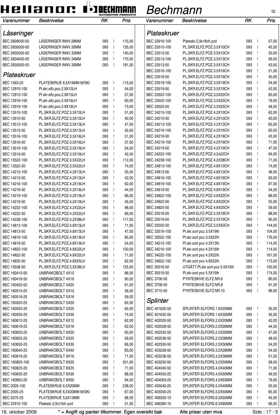 skr.elfz.poz.2.9X13LH 093! 57,00 BEC 12916-100 Pl.skr.elfz.poz.2.9X16LH 093! 60,00 BEC 12919-100 Pl.skr.elfz.poz.2.9X19LH 093! 73,00 BEC 13510-100 PL.SKR.ELFZ.POZ.3.5X10LH 093! 51,00 BEC 13510-50 PL.