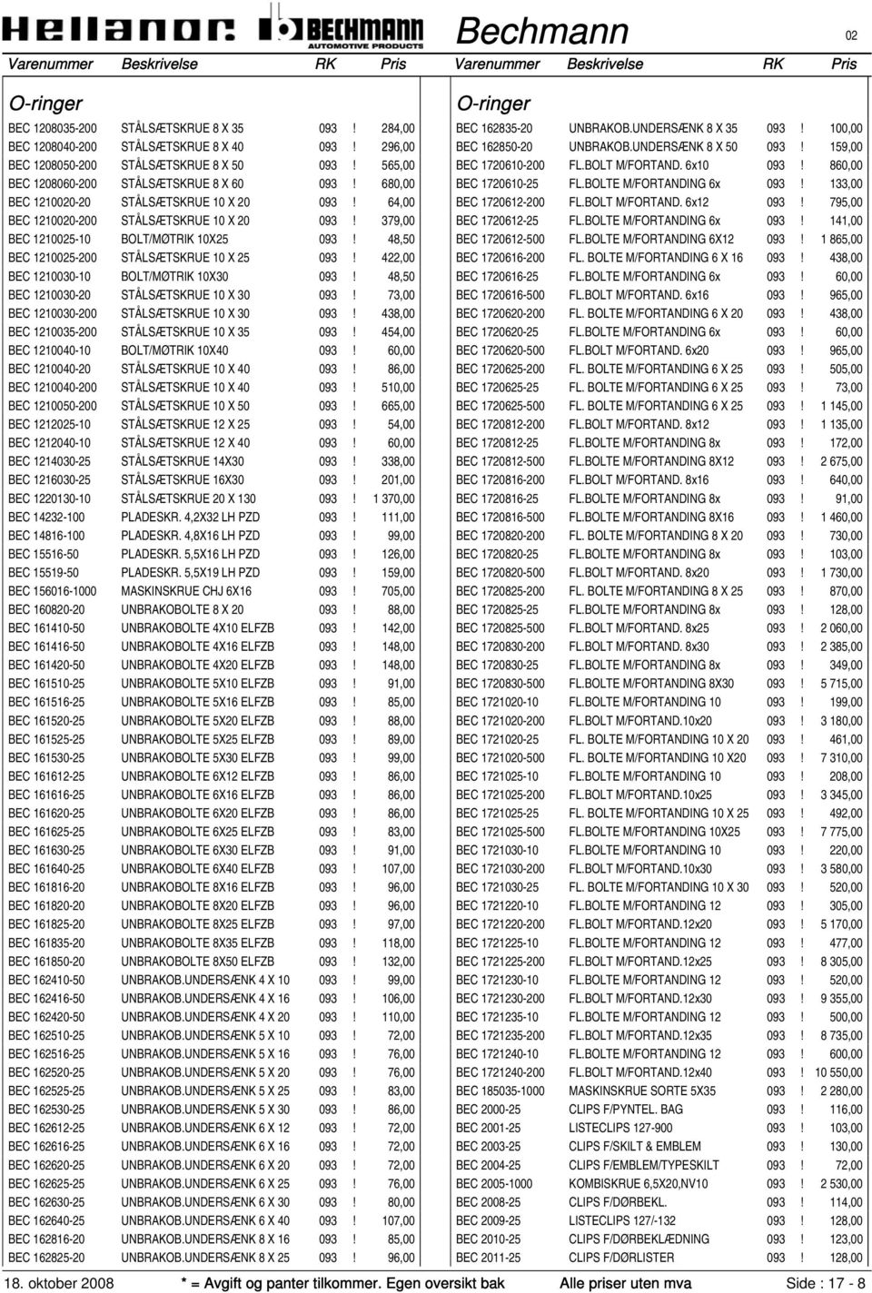 422,00 BEC 1210030-10 BOLT/MØTRIK 10X30 093! 48,50 BEC 1210030-20 STÅLSÆTSKRUE 10 X 30 093! 73,00 BEC 1210030-200 STÅLSÆTSKRUE 10 X 30 093! 438,00 BEC 1210035-200 STÅLSÆTSKRUE 10 X 35 093!