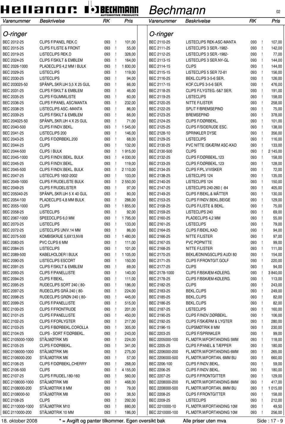 66,00 BEC 2031-25 CLIPS F/SKILT & EMBLEM 093! 46,00 BEC 2035-25 CLIPS F/GUMMILISTE 093! 60,00 BEC 2036-25 CLIPS F/PANEL ASC/MANTA 093! 232,00 BEC 2038-25 LISTECLIPS ASC.-MANTA 093!