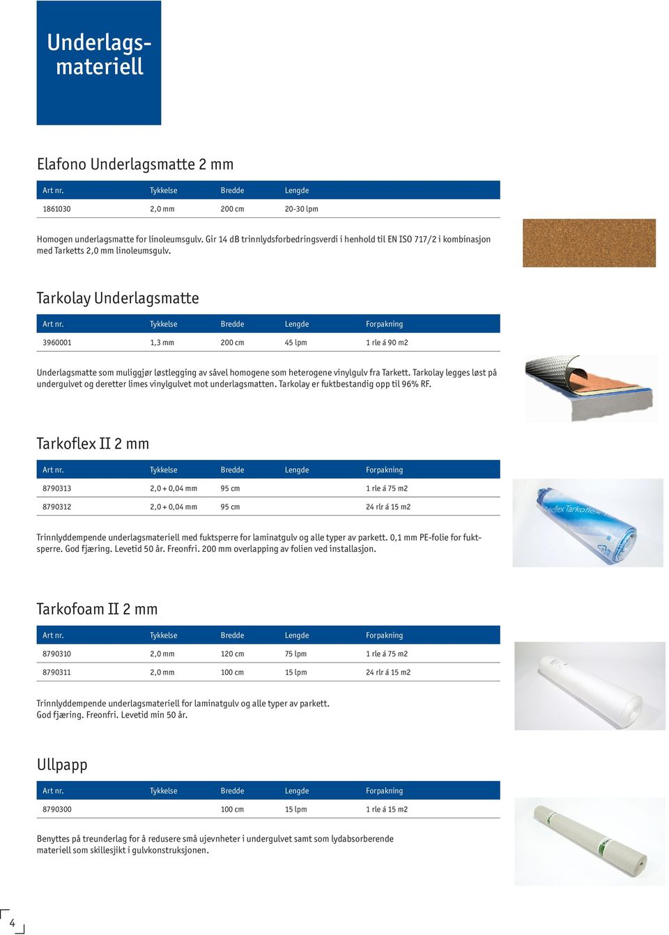 Tykkelse Bredde Lengde Forpakning 3960001 1,3 mm 200 cm 45 lpm 1 rle á 90 m2 Underlagsmatte som muliggjør løstlegging av såvel homogene som heterogene vinylgulv fra Tarkett.