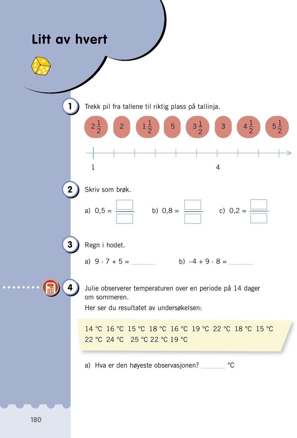 a) 9 7 + 5 = b) 4 + 9 8 = 4 Julie observerer temperaturen over en periode på 14 dager om sommeren.