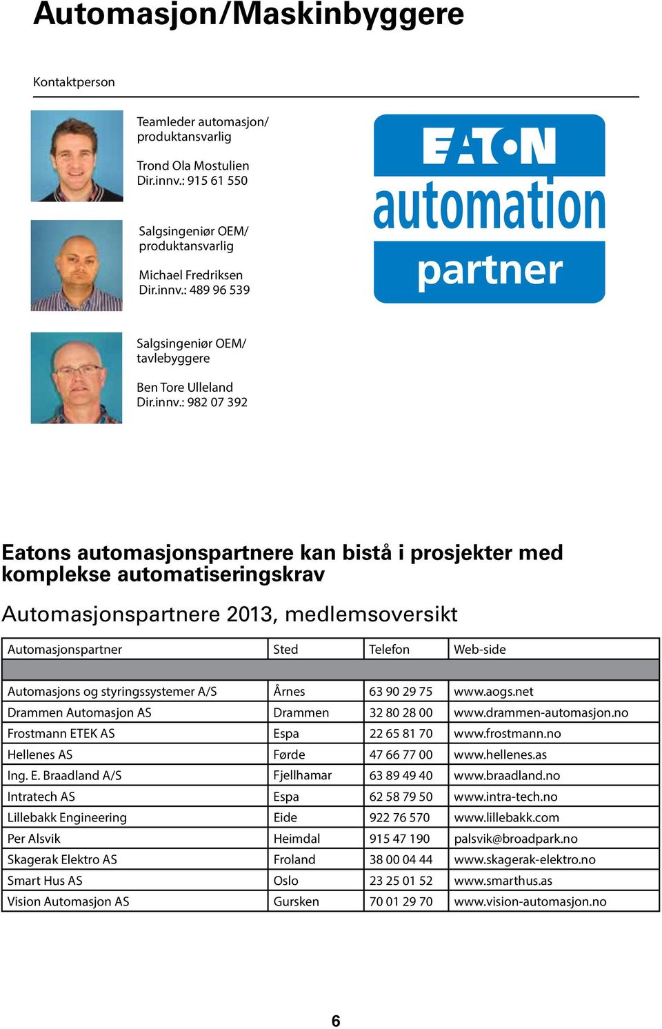 styringssystemer A/S Årnes 63 90 29 75 www.aogs.net Drammen Automasjon AS Drammen 32 80 28 00 www.drammen-automasjon.no Frostmann ETEK AS Espa 22 65 81 70 www.frostmann.