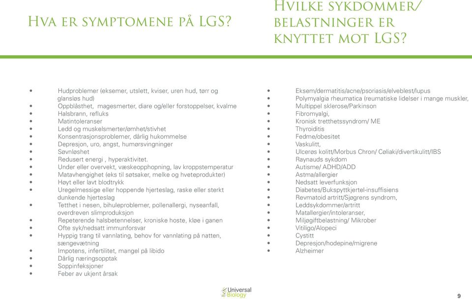 muskelsmerter/ømhet/stivhet Konsentrasjonsproblemer, dårlig hukommelse Depresjon, uro, angst, humørsvingninger Søvnløshet Redusert energi, hyperaktivitet.