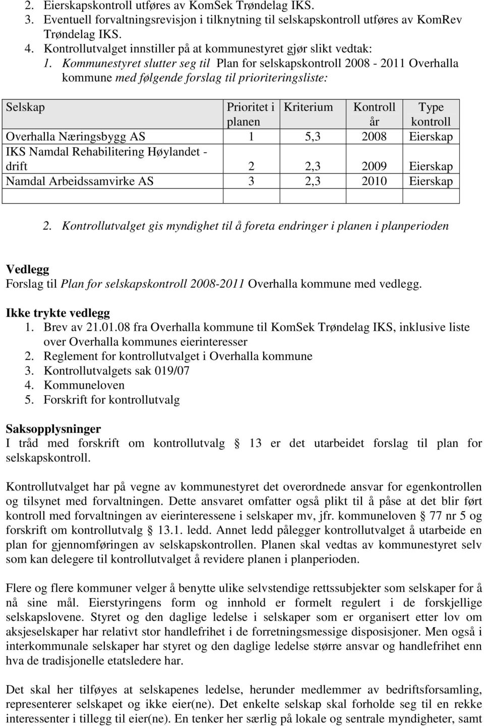 Kommunestyret slutter seg til Plan for selskapskontroll 2008-2011 Overhalla kommune med følgende forslag til prioriteringsliste: Selskap Prioritet i Kriterium Kontroll Type planen år kontroll