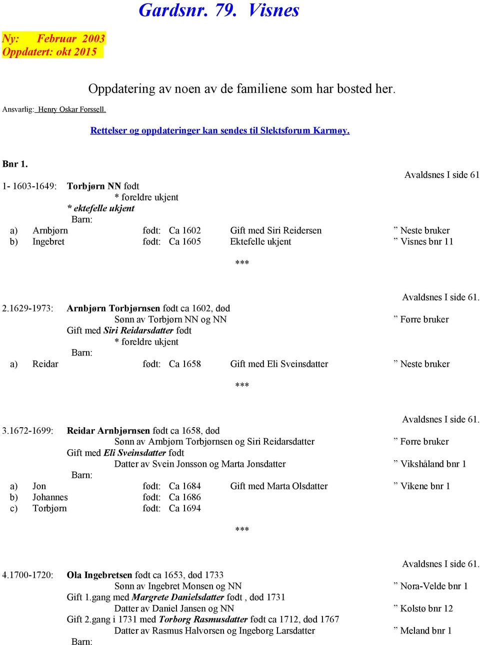 Avaldsnes I side 61 1-1603-1649: Torbjørn NN født * ektefelle ukjent a) Arnbjørn født: Ca 1602 Gift med Siri Reidersen Neste bruker b) Ingebret født: Ca 1605 Ektefelle ukjent Visnes bnr 11 Avaldsnes