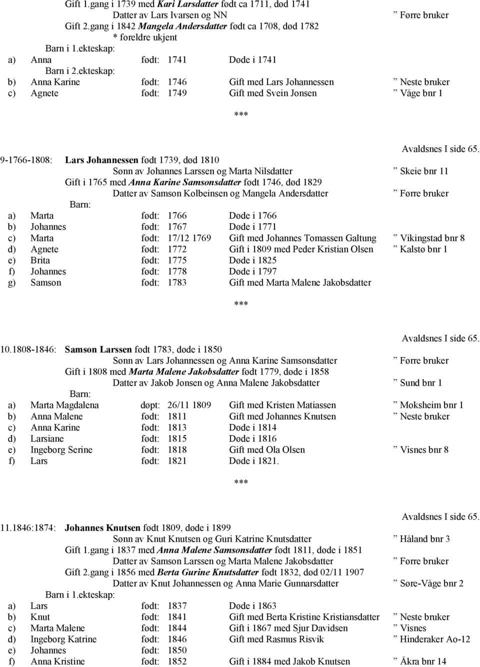 9-1766-1808: Lars Johannessen født 1739, død 1810 Sønn av Johannes Larssen og Marta Nilsdatter Skeie bnr 11 Gift i 1765 med Anna Karine Samsonsdatter født 1746, død 1829 Datter av Samson Kolbeinsen