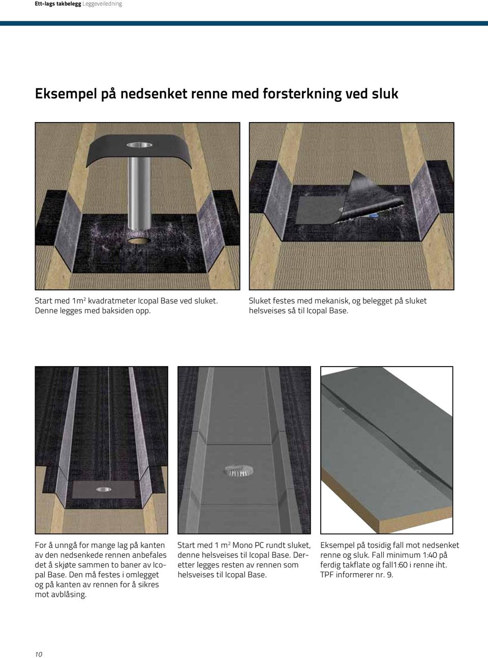 For å unngå for mange lag på kanten av den nedsenkede rennen anbefales det å skjøte sammen to baner av Icopal Base.