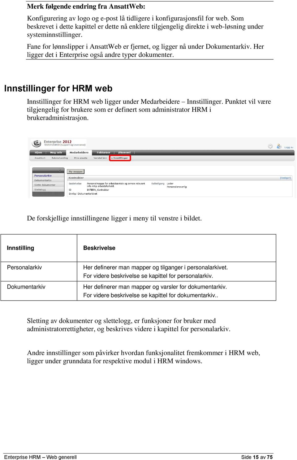 Her ligger det i Enterprise også andre typer dokumenter. Innstillinger for HRM web Innstillinger for HRM web ligger under Medarbeidere Innstillinger.