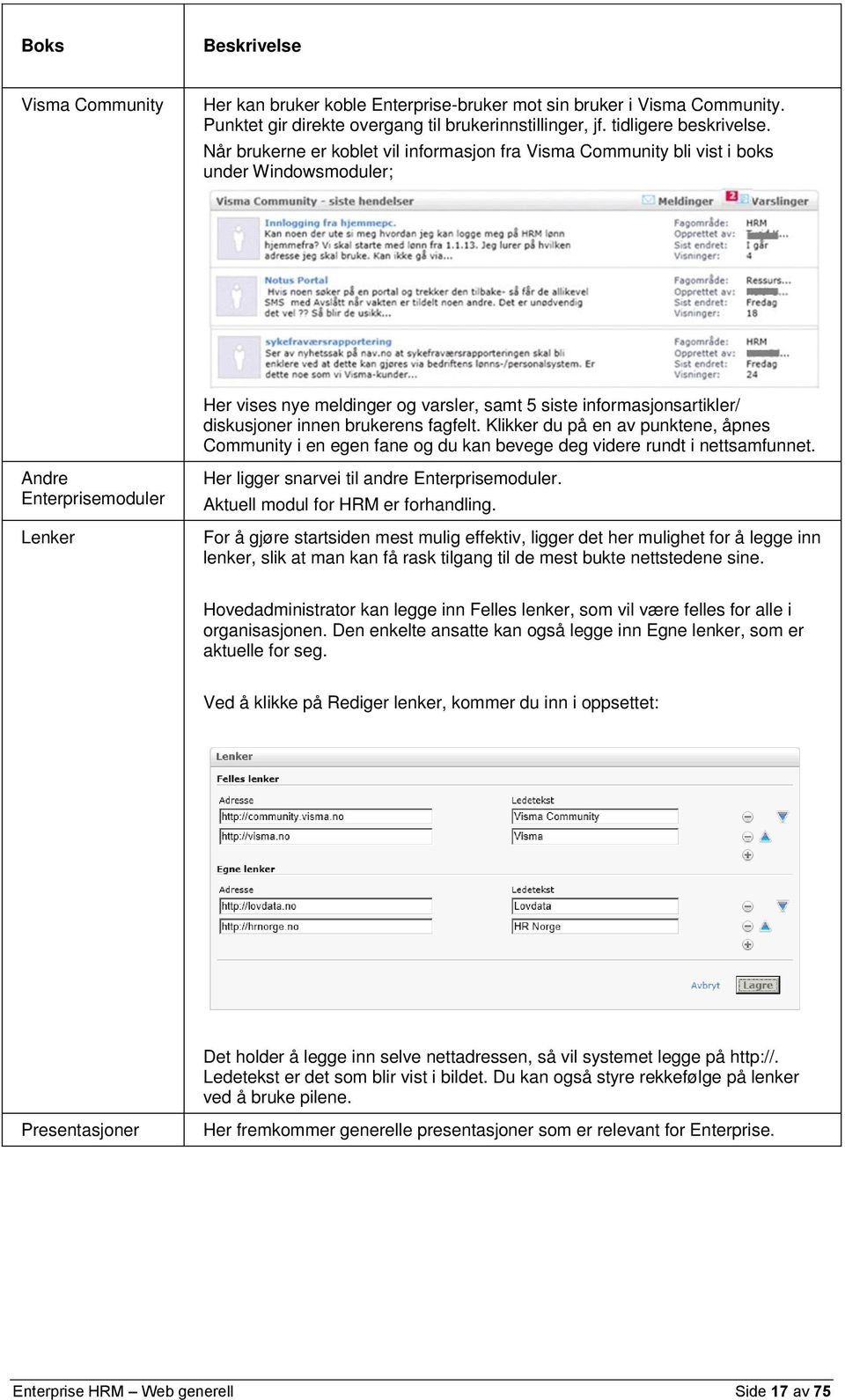 fagfelt. Klikker du på en av punktene, åpnes Community i en egen fane og du kan bevege deg videre rundt i nettsamfunnet. Andre Enterprisemoduler Lenker Her ligger snarvei til andre Enterprisemoduler.