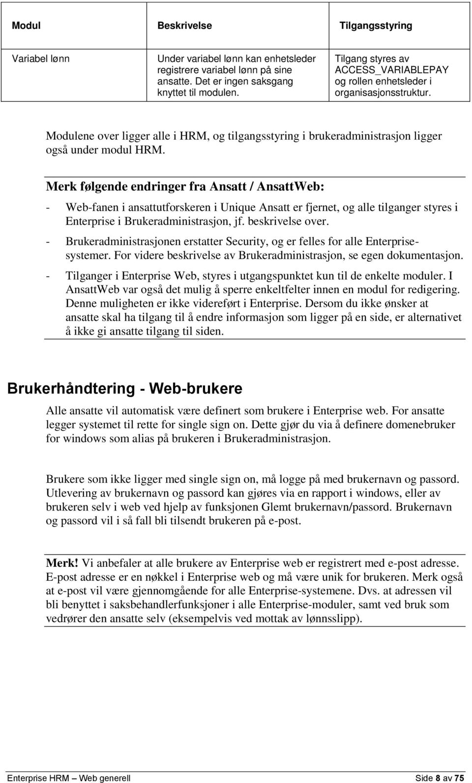 Merk følgende endringer fra Ansatt / AnsattWeb: - Web-fanen i ansattutforskeren i Unique Ansatt er fjernet, og alle tilganger styres i Enterprise i Brukeradministrasjon, jf. beskrivelse over.