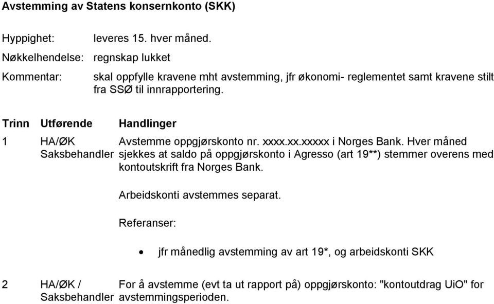 innrapportering. 1 HA/ØK Avstemme oppgjørskonto nr. xxxx.xx.xxxxx i Norges Bank.
