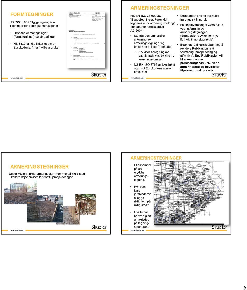 armeringstegninger og bøyelister (tillatte formkoder) NA viser beregning av kapplengde ved bøying av armeringsstenger NS-EN-ISO 3766 er ikke linket opp mot Eurokodene utenom bøyelister Standarden er