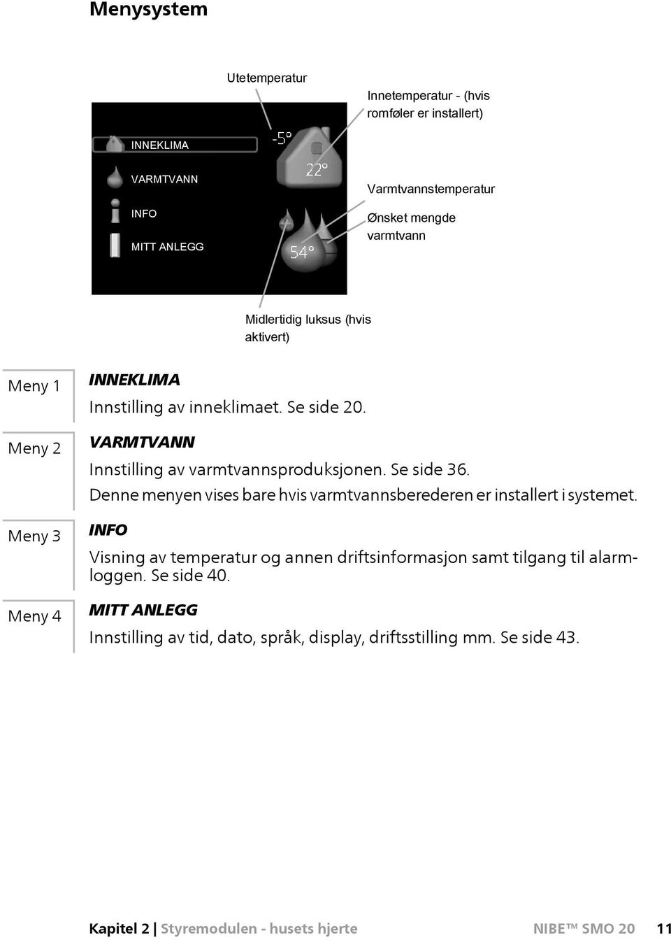 VARMTVANN Innstilling av varmtvannsproduksjonen. Se side 36. Denne menyen vises bare hvis varmtvannsberederen er installert i systemet.