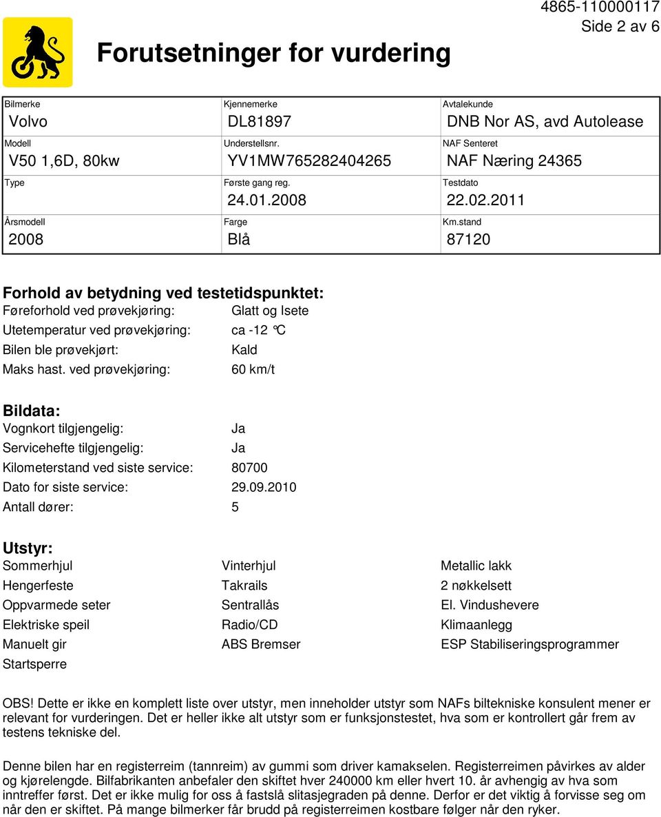 stand 87120 Forhold av betydning ved testetidspunktet: Føreforhold ved prøvekjøring: Glatt og Isete Utetemperatur ved prøvekjøring: ca -12 C Bilen ble prøvekjørt: Maks hast.