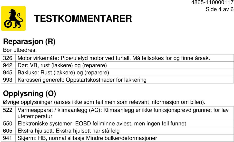 (anses ikke som feil men som relevant informasjon om bilen).