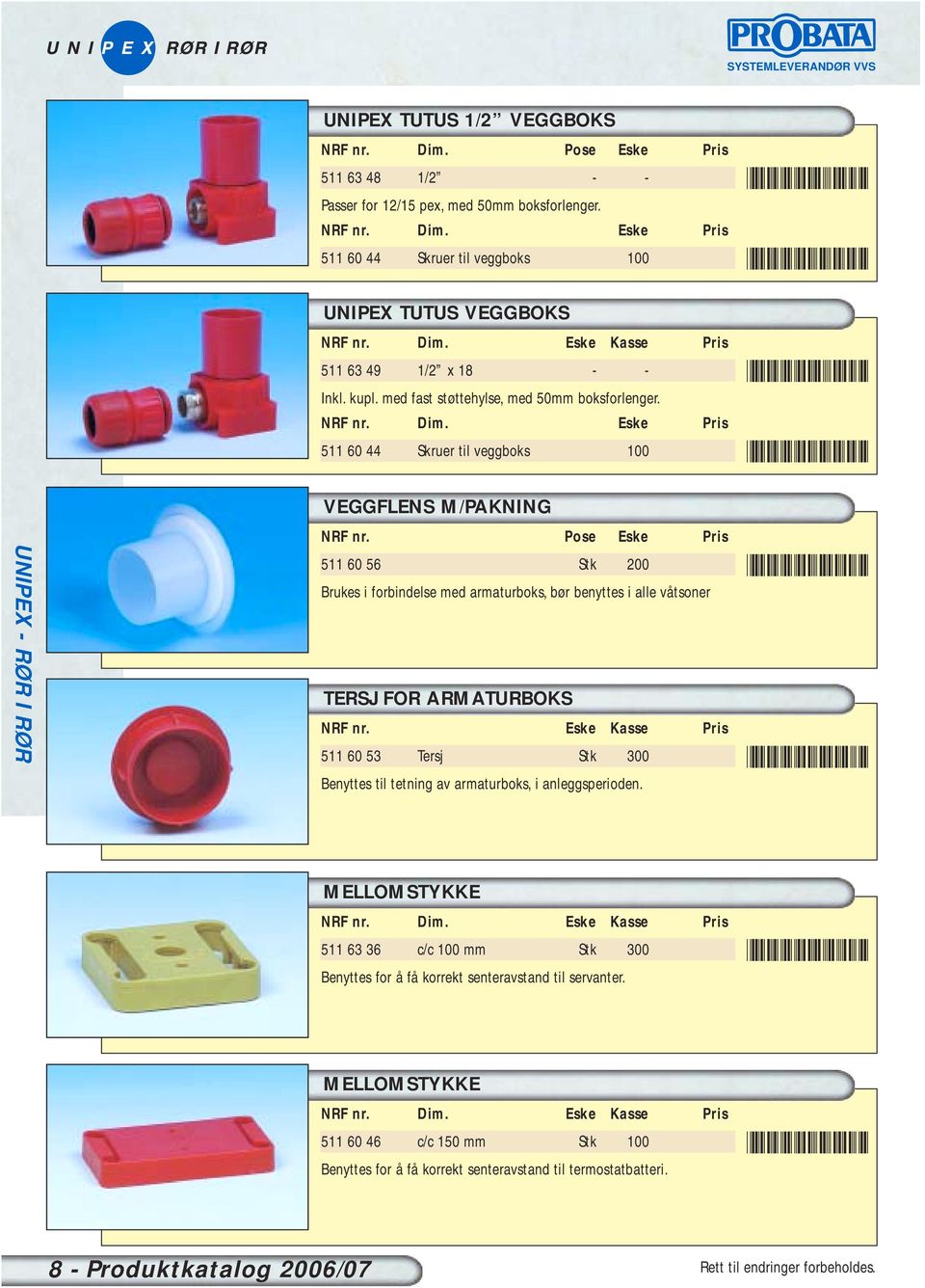 Eske Pris 511 60 44 Skruer til veggboks 100 *5116349* *5116044* VEGGFLENS M/PAKNING NRF nr.