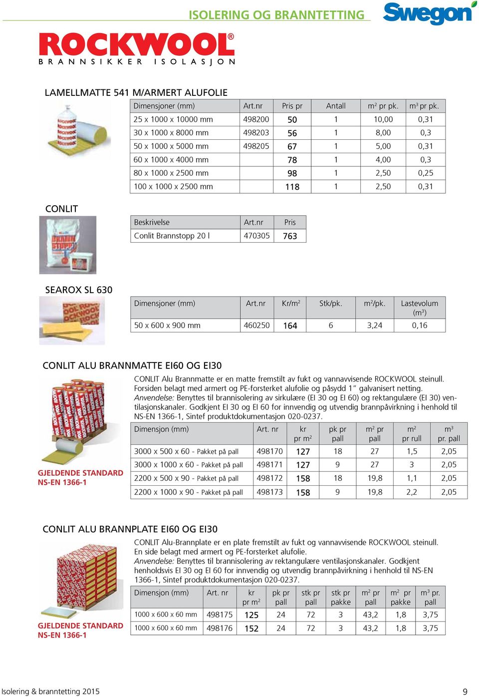 x 1000 x 2500 mm 118 1 2,50 0,31 Conlit Beskrivelse Art.nr Pris Conlit Brannstopp 20 l 470305 763 SeaRox SL 630 Dimensjoner (mm) Art.nr Kr/m 2 Stk/pk. m 2 /pk.