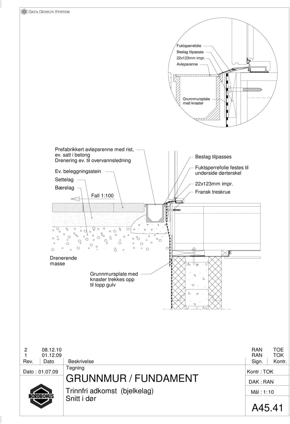 beleggningsstein Settelag Bærelag Fall 1:100 Beslag tilpasses Fuktsperrefolie festes til underside dørterskel 22x123mm impr.