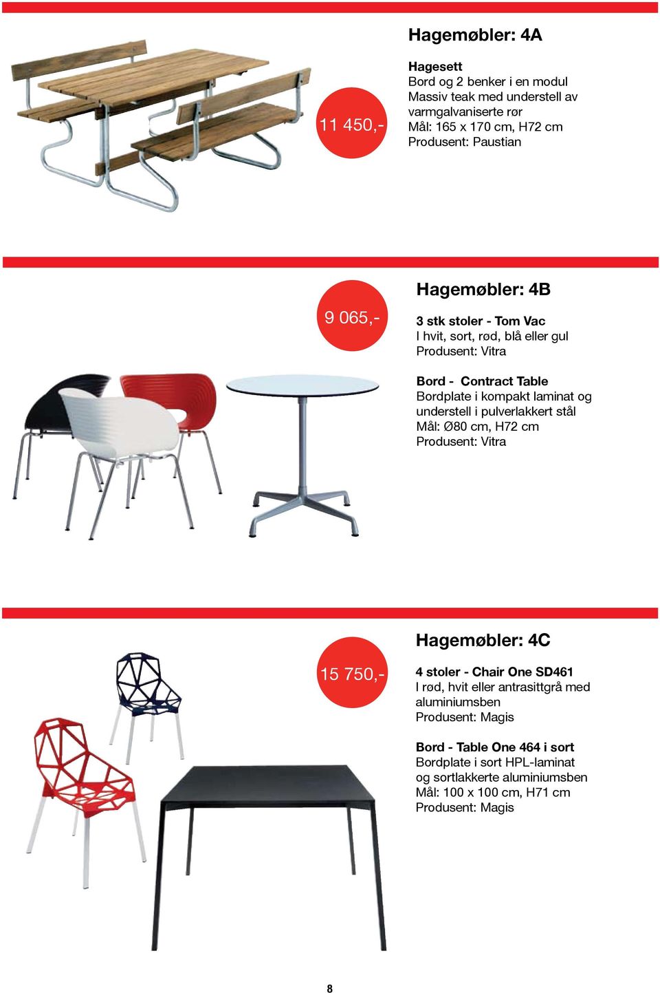 og understell i pulverlakkert stål Mål: Ø80 cm, H72 cm Produsent: Vitra Hagemøbler: 4C 15 750,- 4 stoler - Chair One SD461 I rød, hvit eller antrasittgrå