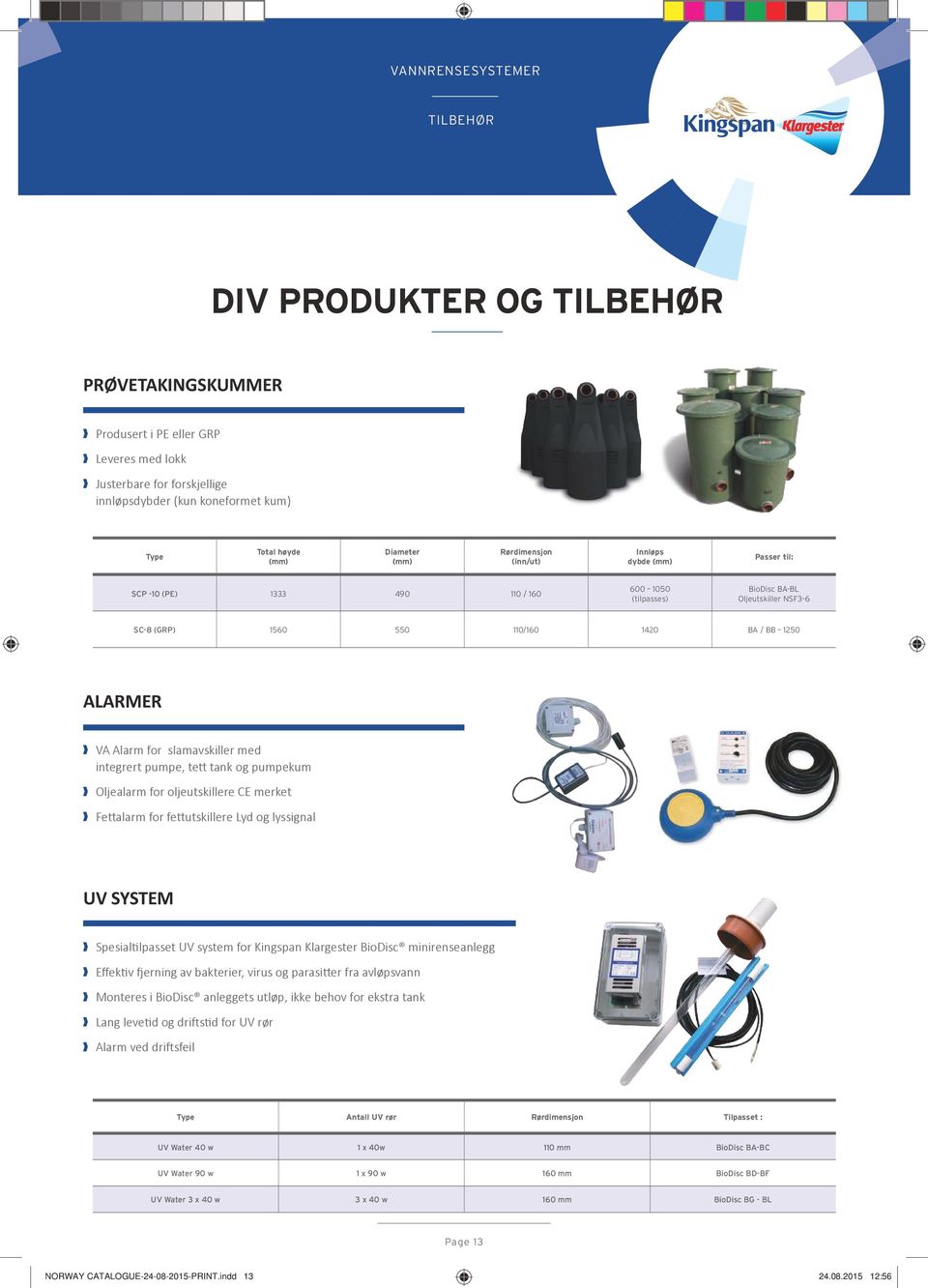 slamavskiller med integrert pumpe, tett tank og pumpekum Oljealarm for oljeutskillere CE merket Fettalarm for fettutskillere Lyd og lyssignal UV SYSTEM Spesialtilpasset UV system for Kingspan