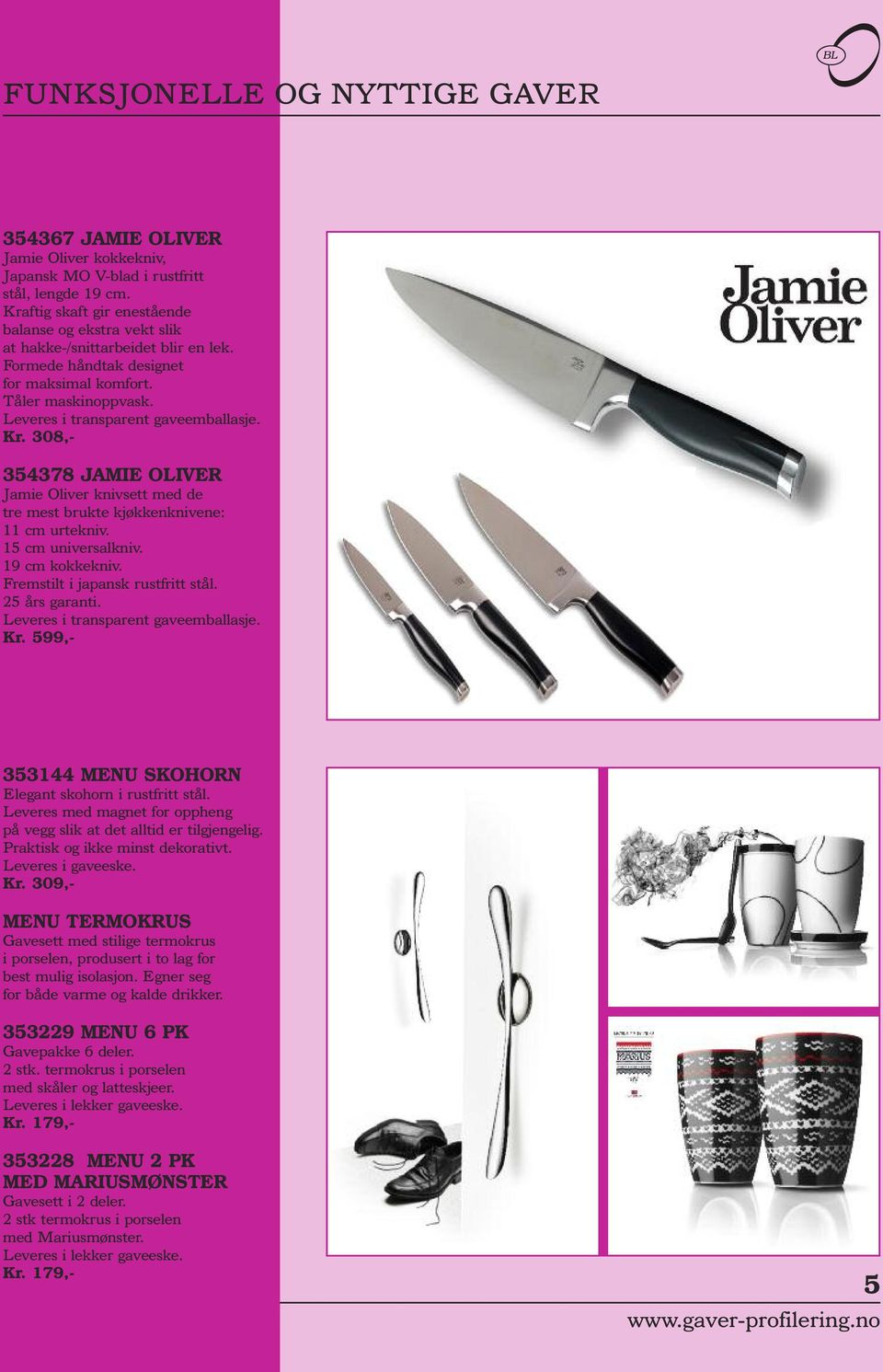 Kr. 308,- 354378 JAMIE OLIVER Jamie Oliver knivsett med de tre mest brukte kjøkkenknivene: 11 cm urtekniv. 15 cm universalkniv. 19 cm kokkekniv. Fremstilt i japansk rustfritt stål. 25 års garanti.