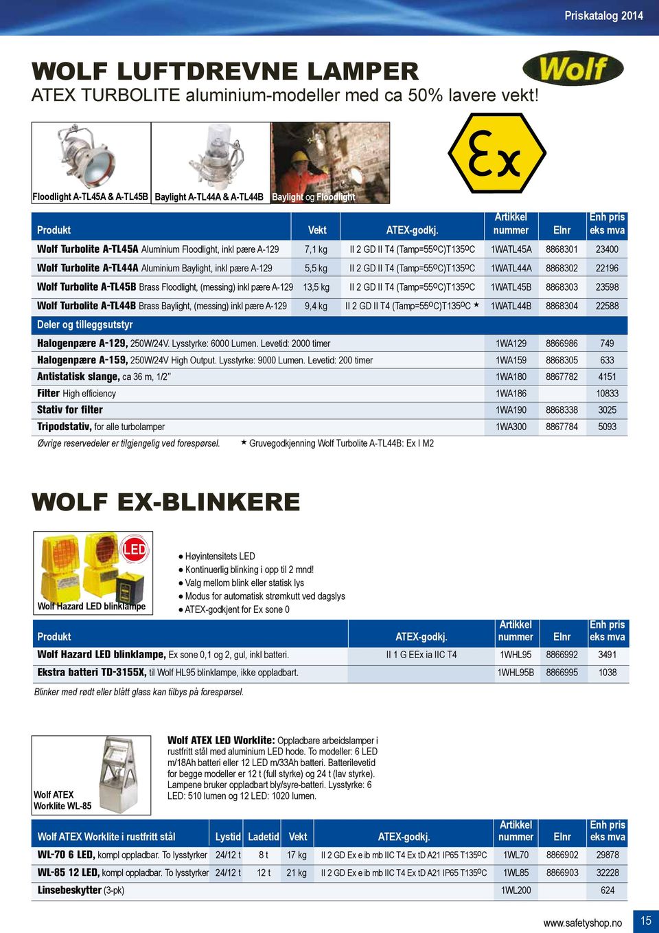 nummer Elnr eks mva Wolf Turbolite A-TL45A Aluminium Floodlight, inkl pære A-129 7,1 kg II 2 GD II T4 (Tamp=55oC)T135oC 1WATL45A 8868301 23400 Wolf Turbolite A-TL44A Aluminium Baylight, inkl pære