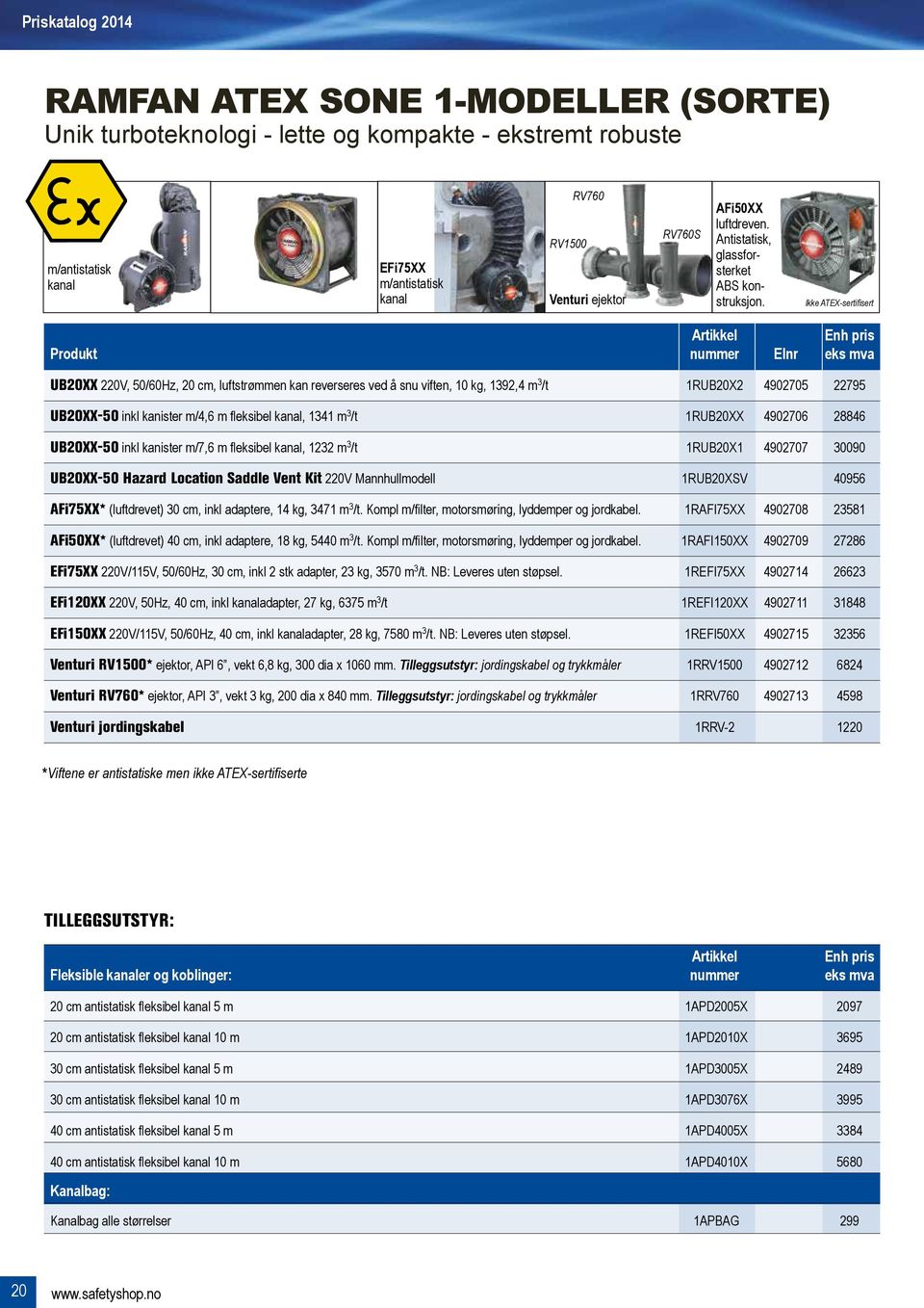 Ikke ATEX-sertifisert Artikkel enh pris Produkt nummer Elnr eks mva UB20XX 220V, 50/60Hz, 20 cm, luftstrømmen kan reverseres ved å snu viften, 10 kg, 1392,4 m 3 /t 1RUB20X2 4902705 22795 UB20XX-50