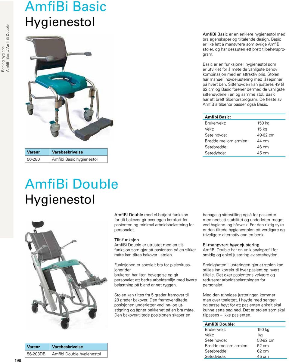 Basic er en funksjonell hygienestol som er utviklet for å møte de vanligste behov i kombinasjon med en attraktiv pris. Stolen har manuell høydejustering med låsepinner på hvert ben.