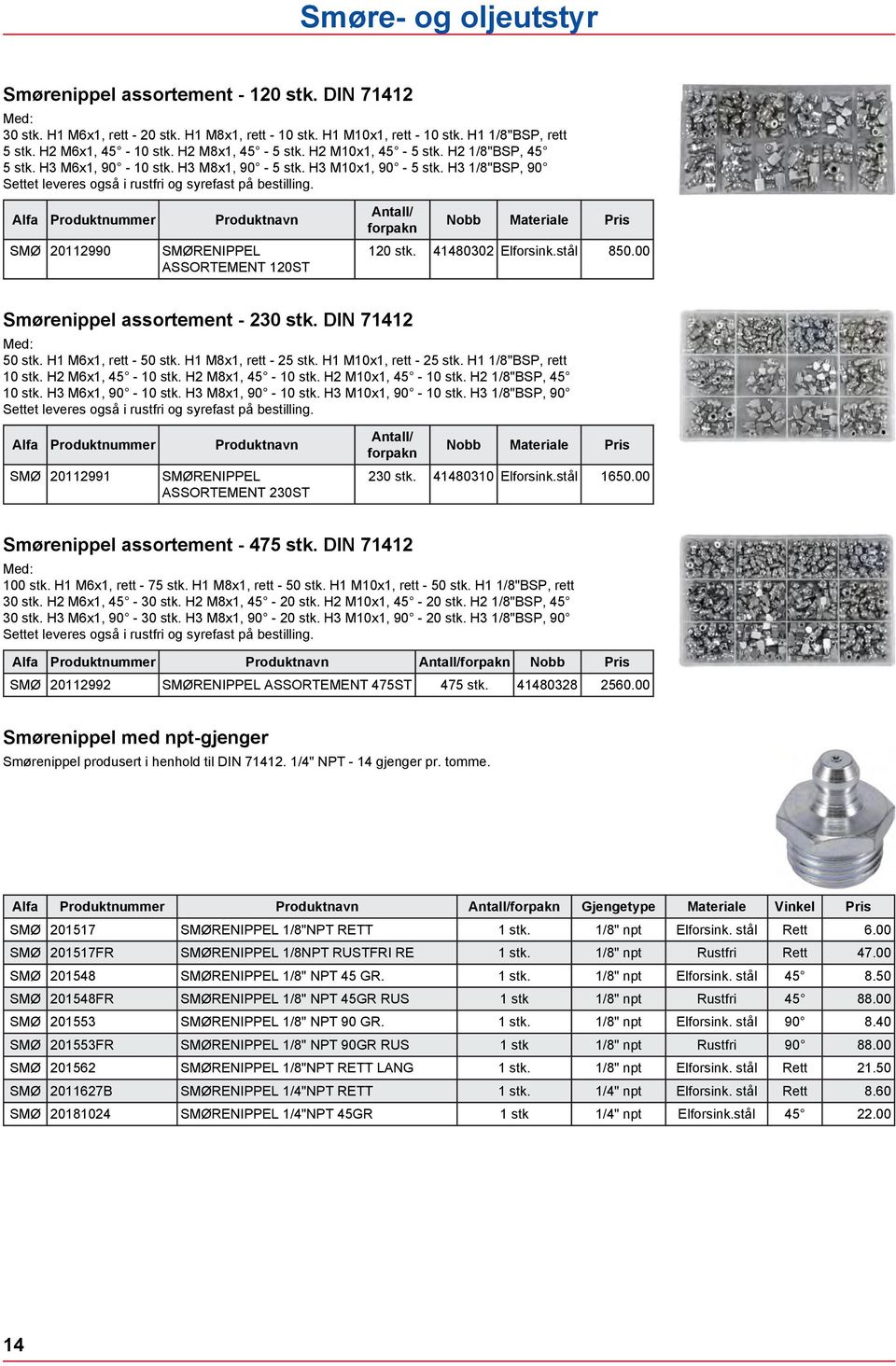 SMØ 20112990 SMØRENIPPEL ASSORTEMENT 120ST Nobb Materiale 120 stk. 41480302 Elforsink.stål 850.00 Smørenippel assortement - 230 stk. DIN 71412 Med: 50 stk. H1 M6x1, rett - 50 stk.