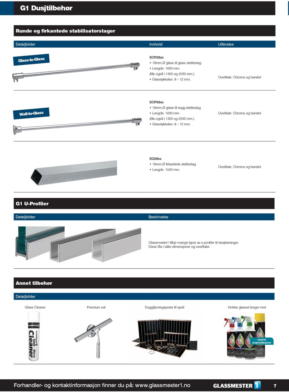 ) Glasstykkelse: 8 12 mm. SQ59xx 19mm.Ø fi rkantede støttestag Lengde: 1500 mm.