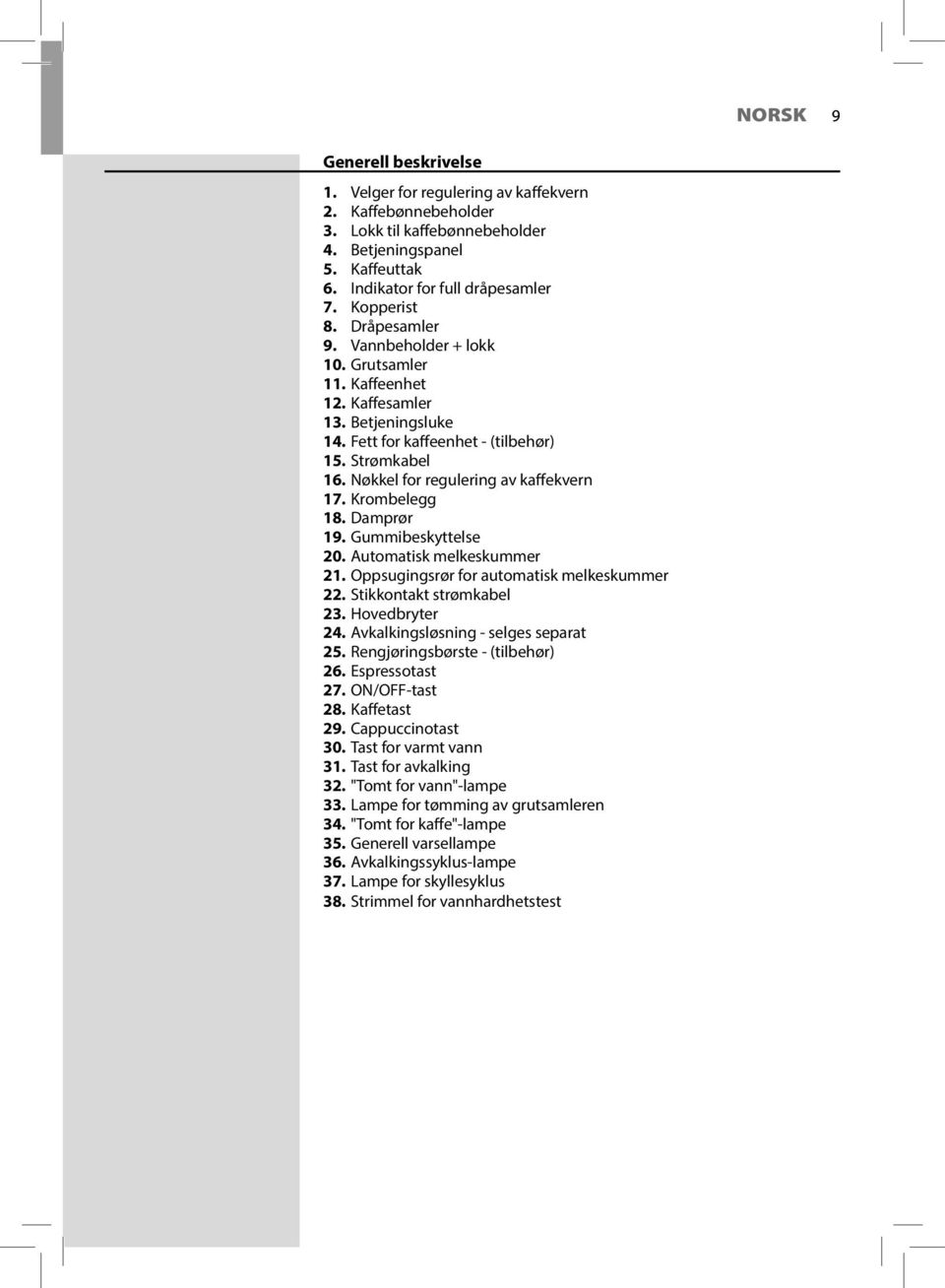 Nøkkel for regulering av kaffekvern 17. Krombelegg 18. Damprør 19. Gummibeskyttelse 20. Automatisk melkeskummer 21. Oppsugingsrør for automatisk melkeskummer 22. Stikkontakt strømkabel 23.