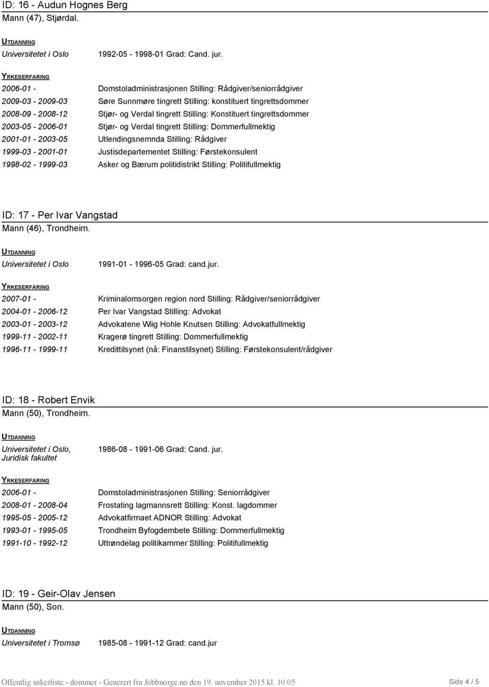 Stilling: Konstituert tingrettsdommer 2003-05 - 2006-01 Stjør- og Verdal tingrett Stilling: Dommerfullmektig 2001-01 - 2003-05 Utlendingsnemnda Stilling: Rådgiver 1999-03 - 2001-01