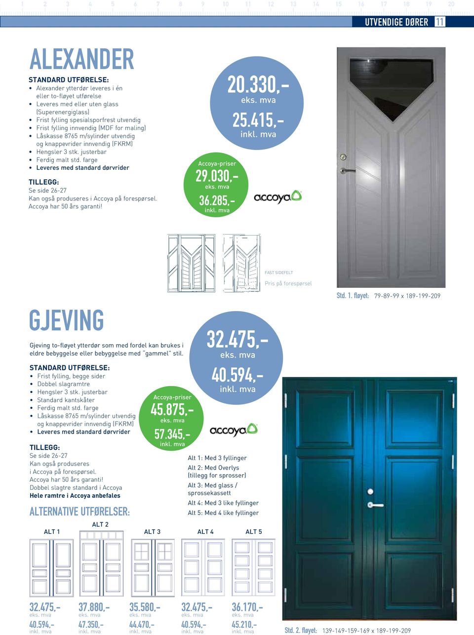 farge Leveres med standard dørvrider Se side 26-27 Kan også produseres i Accoya på forespørsel. Accoya har 50 års garanti! Accoya-priser 29.030,- 36.285,- 20.330,- 25.