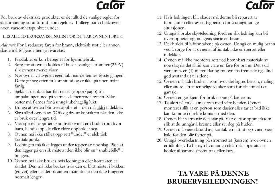 Bruksanvisning for Calor panelovner - PDF Gratis nedlasting