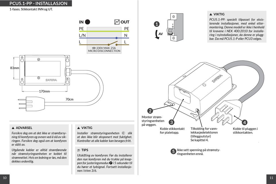 5A MICRO DISCONNECTION 8mm 70mm 70cm ADVARSE Forsikre deg om at det ikke er strømforsyning til komfyren og ovnen ved å slå av sikringen. Forsikre deg også om at komfyren er slått av.