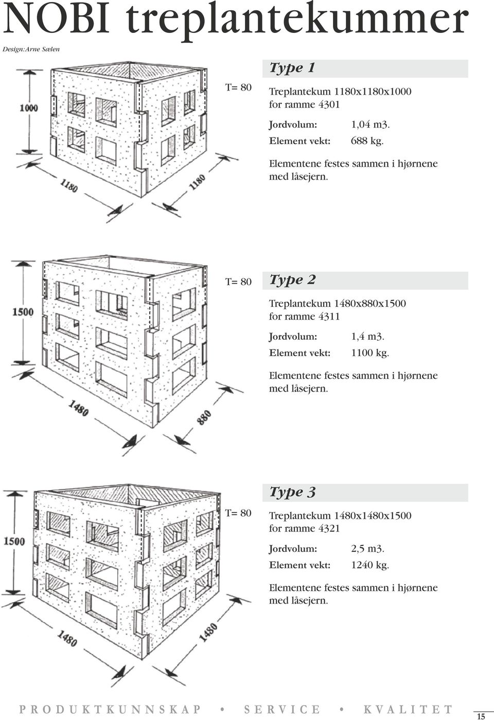 T= 80 Type 2 Treplantekum 1480x880x1500 for ramme 4311 Jordvolum: 1,4 m3. Element vekt: 1100 kg.