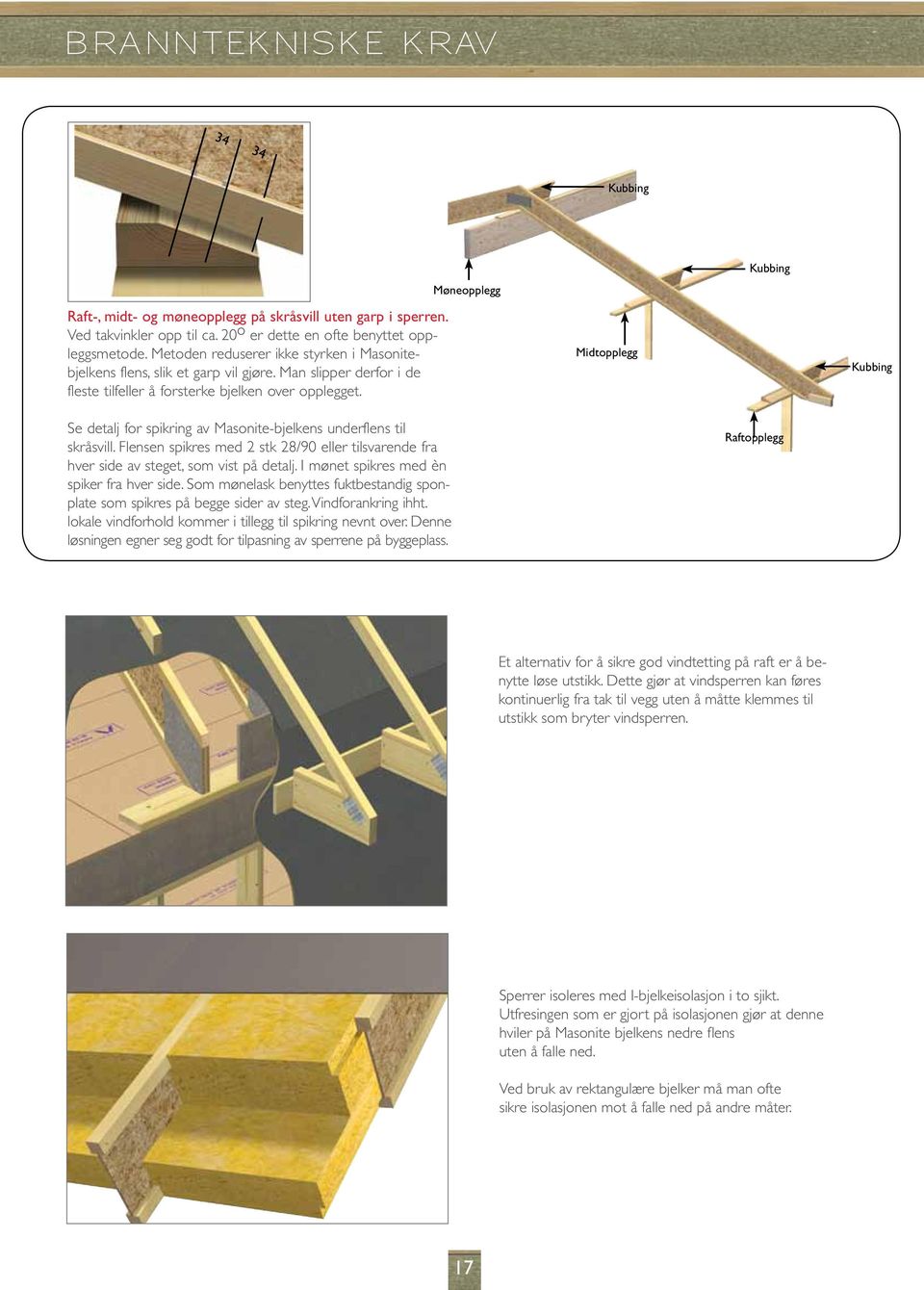 Se detalj for spikring av Masonite-bjelkens underflens til skråsvill. Flensen spikres med 2 stk 28/90 eller tilsvarende fra hver side av steget, som vist på detalj.