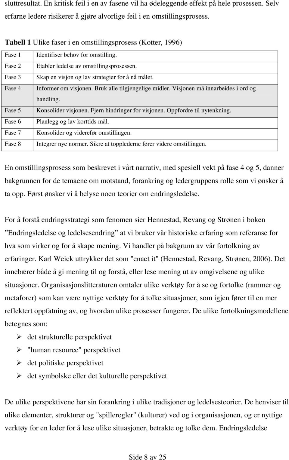 Skap en visjon og lav strategier for å nå målet. Informer om visjonen. Bruk alle tilgjengelige midler. Visjonen må innarbeides i ord og handling. Konsolider visjonen. Fjern hindringer for visjonen.