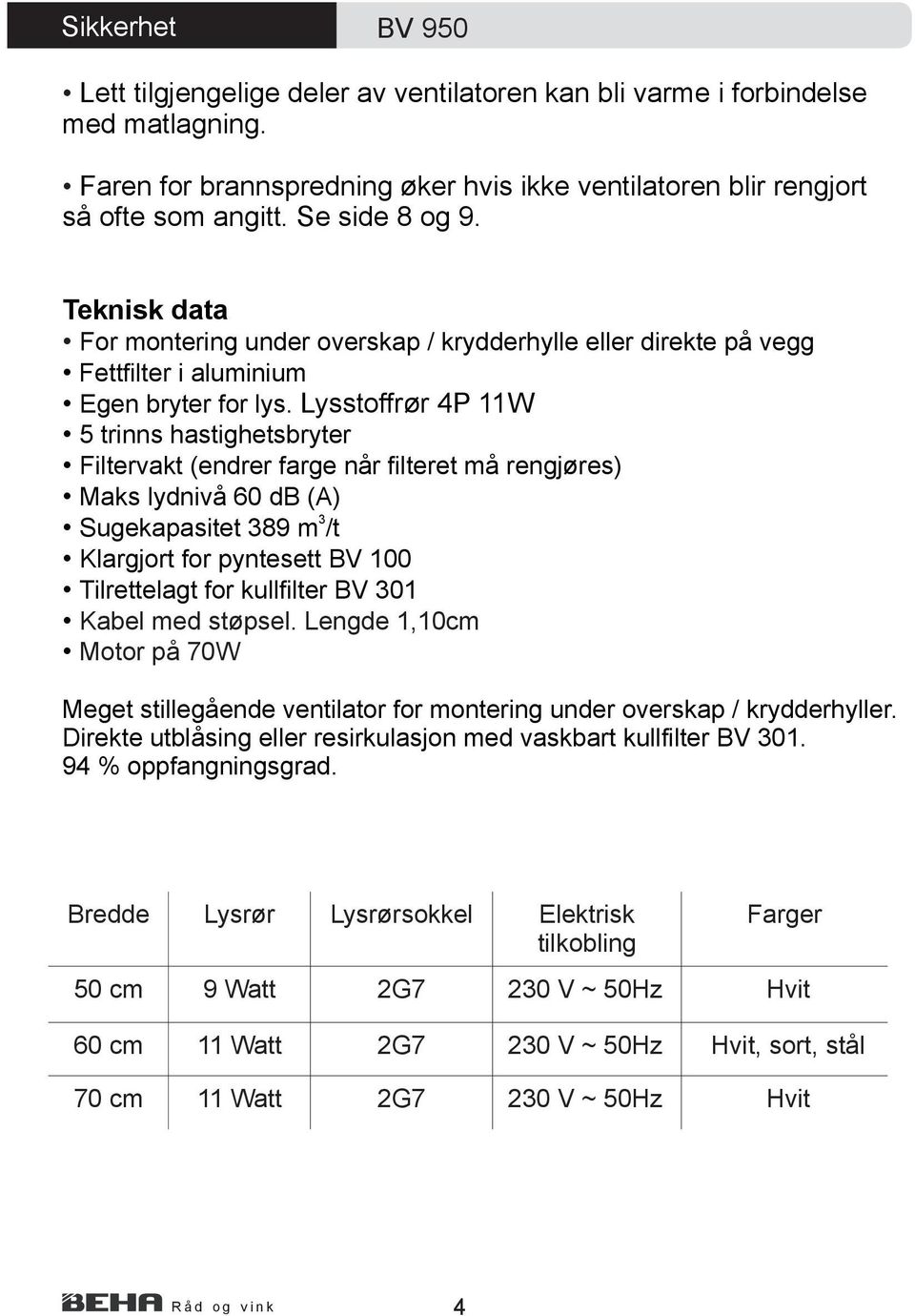 Lysstoffrør 4P 11W 5 trinns hastighetsbryter Filtervakt (endrer farge når filteret må rengjøres) Maks lydnivå 60 db (A) 3 Sugekapasitet 389 m /t Klargjort for pyntesett BV 100 Tilrettelagt for