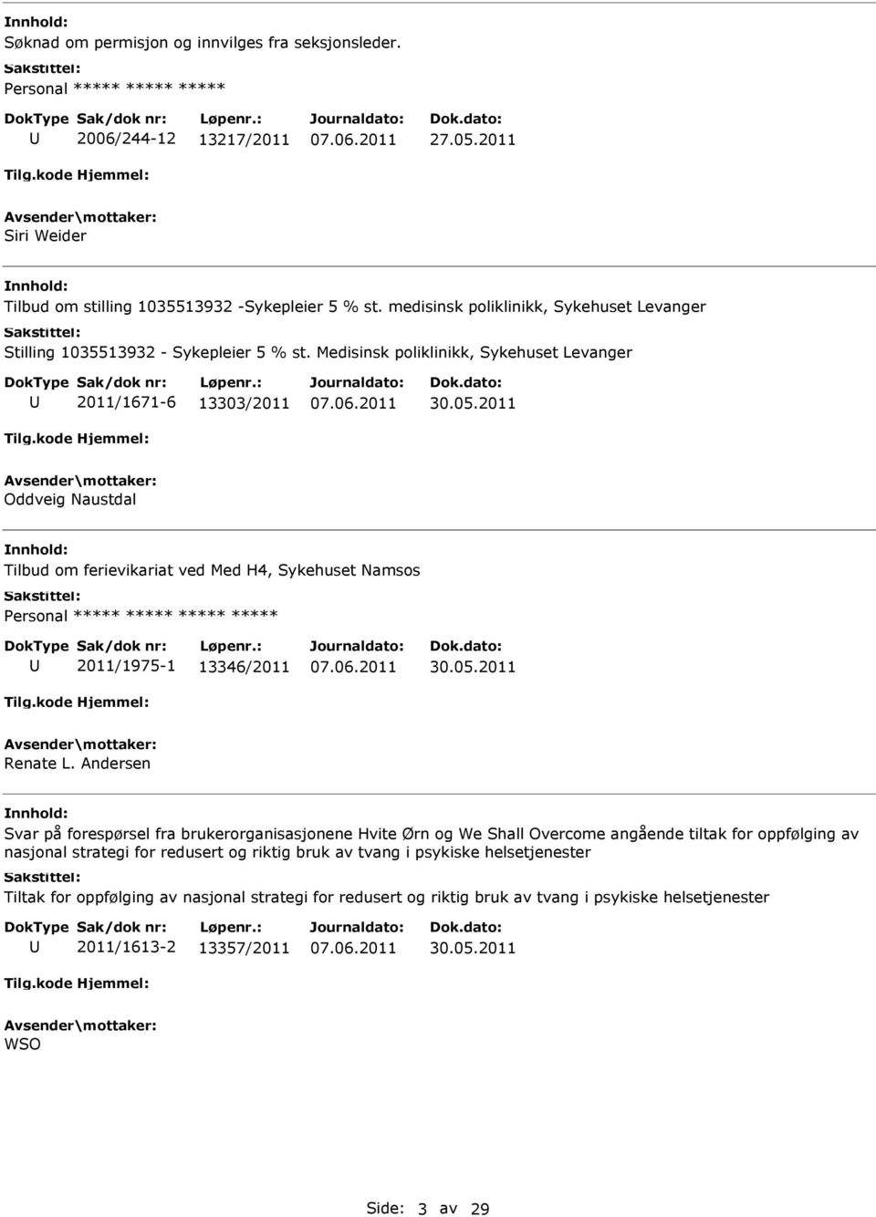 2011 Oddveig Naustdal Tilbud om ferievikariat ved Med H4, Sykehuset Namsos ***** 2011/1975-1 13346/2011 30.05.2011 Renate L.