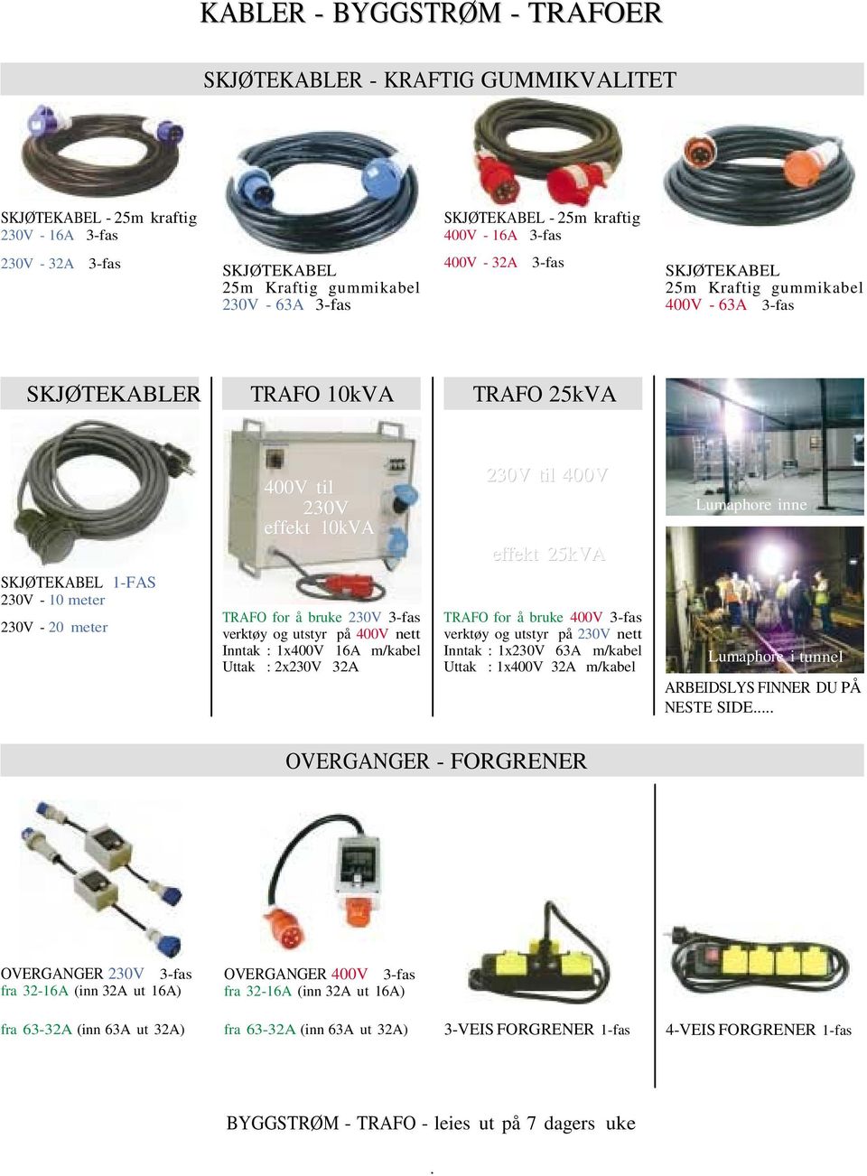 inne SKJØTEKABEL 1-FAS 230V - 10 meter 230V - 20 meter TRAFO for å bruke 230V 3-fas verktøy og utstyr på 400V nett Inntak : 1x400V 16A m/kabel Uttak : 2x230V 32A TRAFO for å bruke 400V 3-fas verktøy