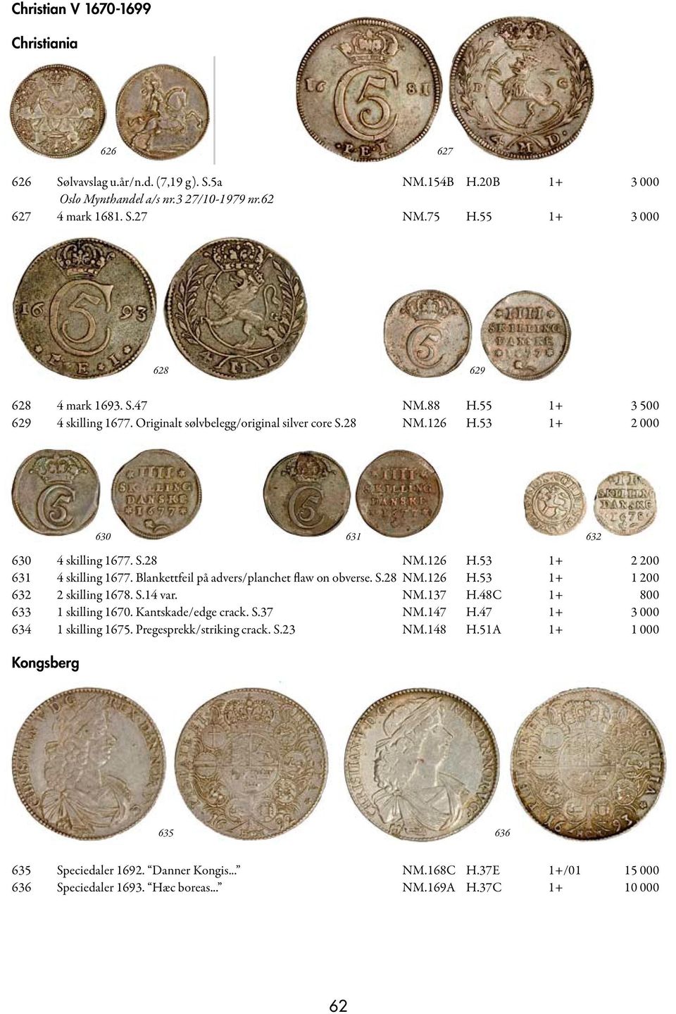 Blankettfeil på advers/planchet flaw on obverse. S.28 NM.126 H.53 1+ 1 200 632 2 skilling 1678. S.14 var. NM.137 H.48C 1+ 800 633 1 skilling 1670. Kantskade/edge crack. S.37 NM.147 H.