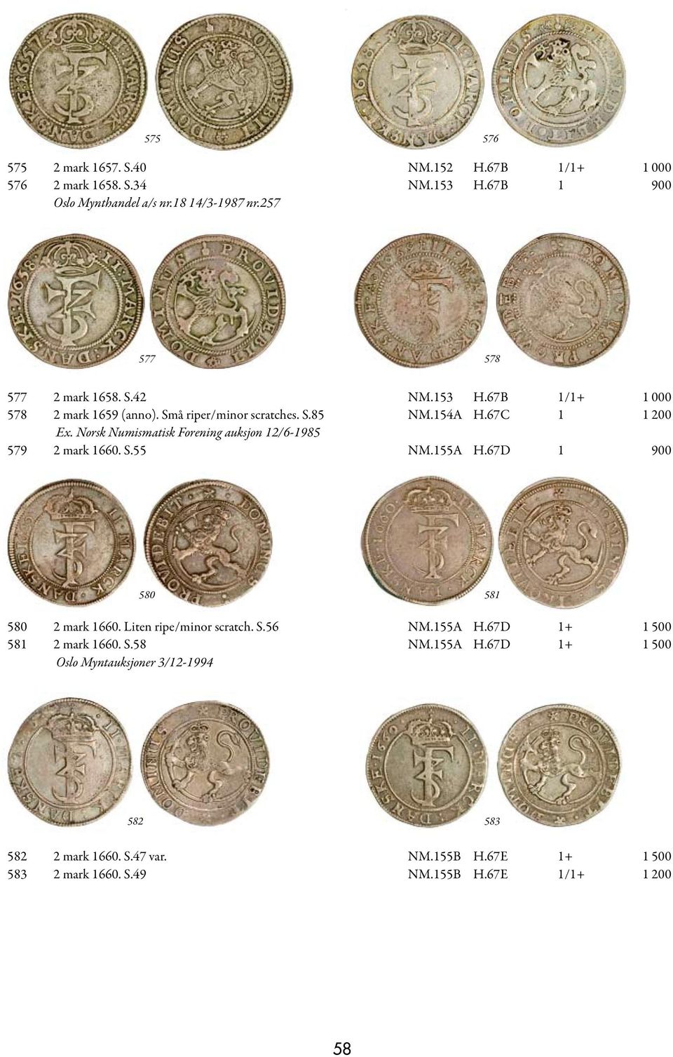 Norsk Numismatisk Forening auksjon 12/6-1985 579 2 mark 1660. S.55 NM.155A H.67D 1 900 580 581 580 2 mark 1660. Liten ripe/minor scratch. S.56 NM.155A H.67D 1+ 1 500 581 2 mark 1660.