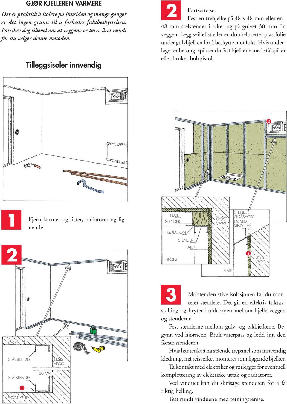 Fest en trebjelke på 48 x 48 mm eller en 48 mm stelstender i taket og på gulvet 30 mm fra veggen. Legg svillelist eller en dobbelbrettet plastfolie under gulvbjelken for å beskytte mot fukt.